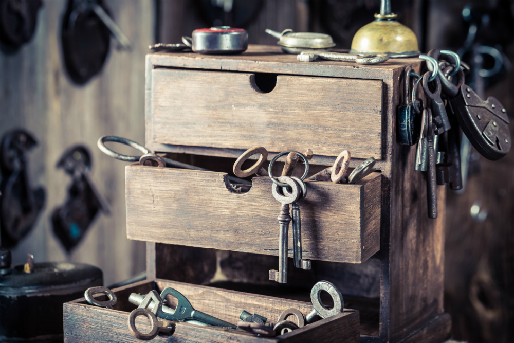 Wooden drawer full of keys